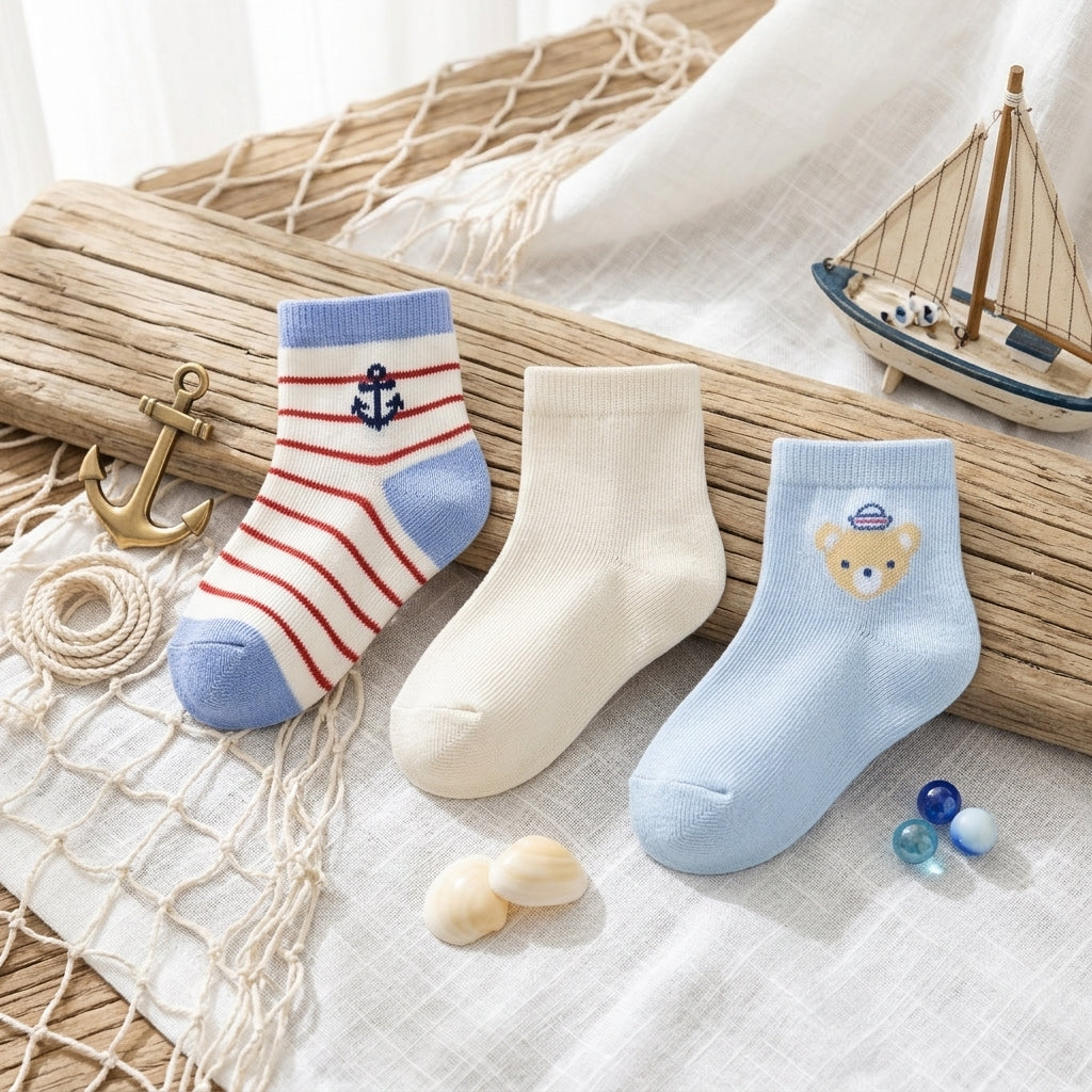 MILLIE & TILLIS ANCHOR, SOLID & SAILOR BEAR BOY SOCKS PK-3
