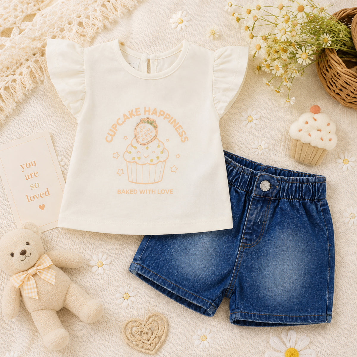 WHITE CUPCAKE "BAKED WITH LOVE" AND DENIM SHORTS BABY GIRL OUTFIT