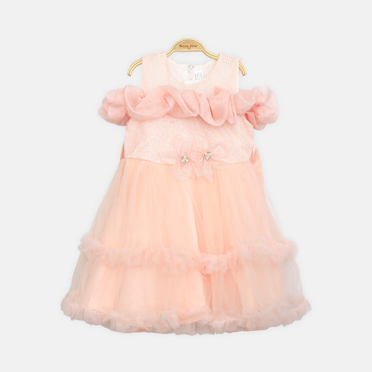 Floral Accent Tulle Frock - Peach