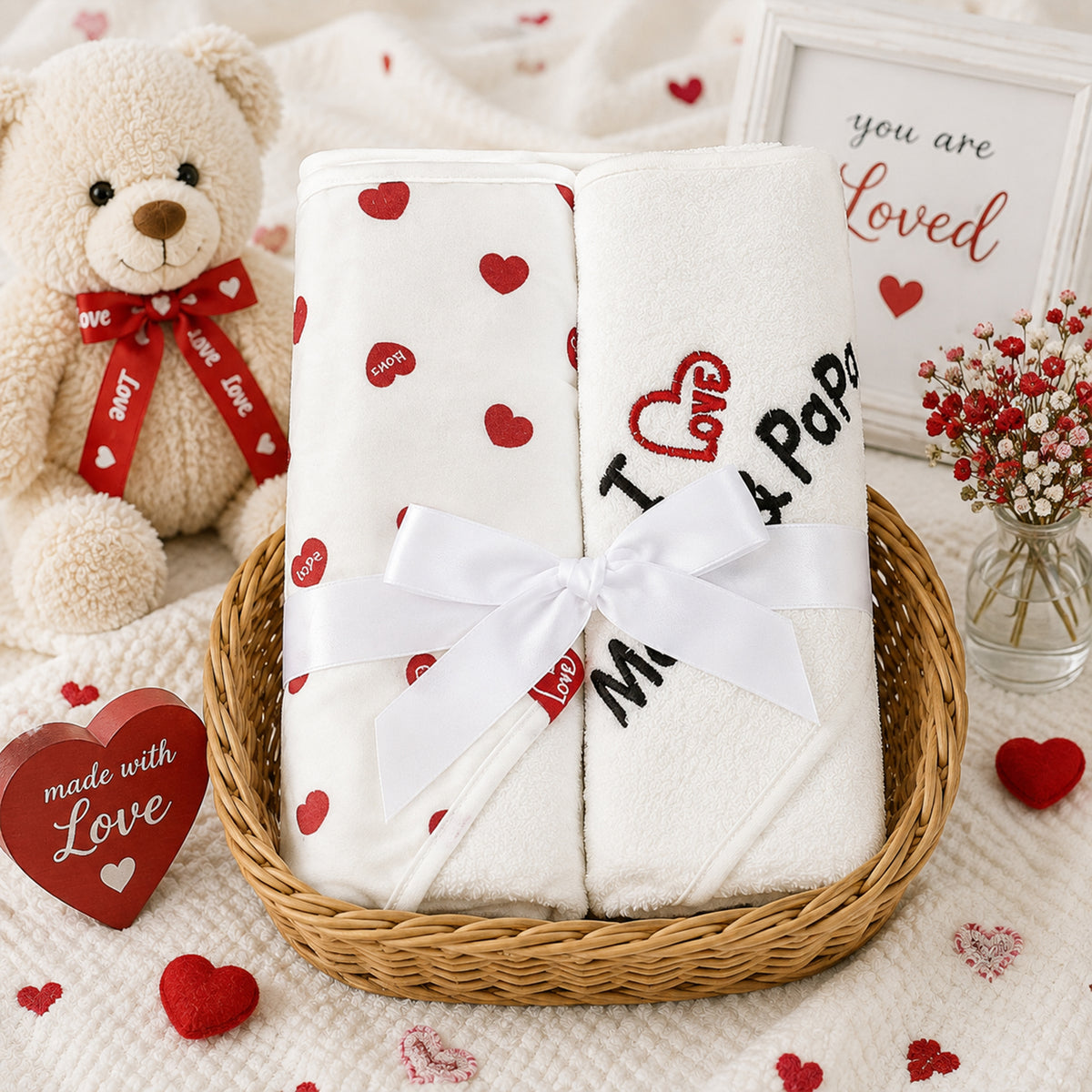 WHITE & RED HEART / "I LOVE MOM & PAPA" HOODED BATH TOWEL PK-2