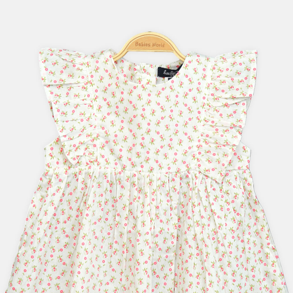 Girls White Rose Print Frock