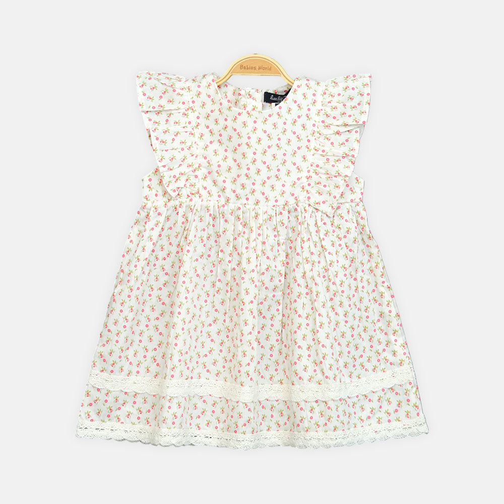 Girls White Rose Print Frock
