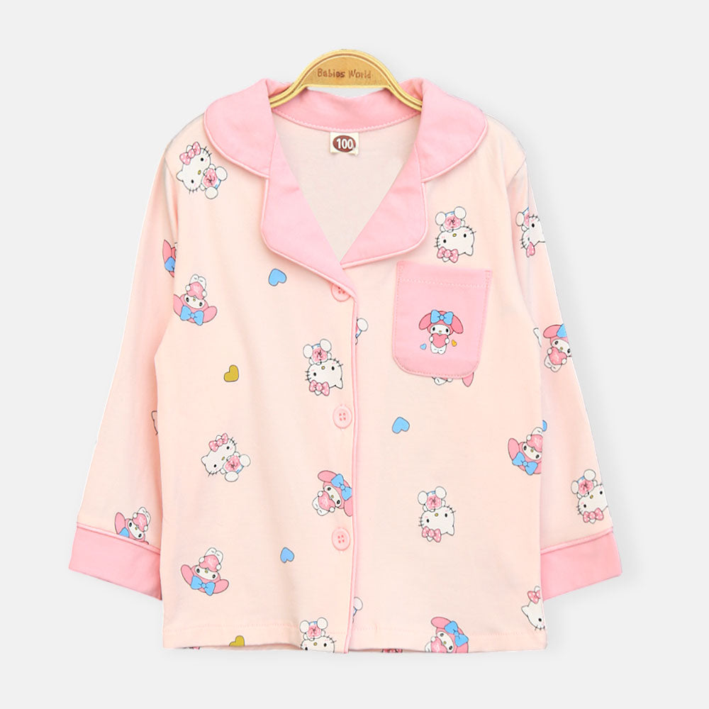 Girls' Pink Kawaii Character Button-Up Night Suit