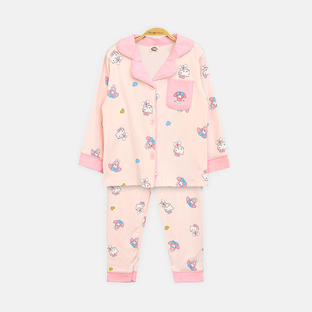 Girls' Pink Kawaii Character Button-Up Night Suit