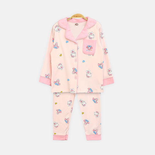 Girls' Pink Kawaii Character Button-Up Night Suit