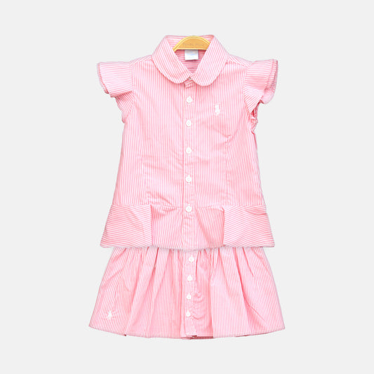 Girl's Pink & White Striped Button-Down Peplum Set
