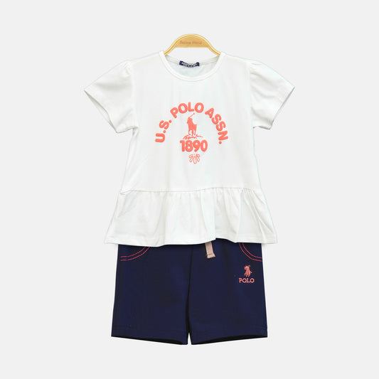 Girl’s White Polo Heritage Ruffle Top & Black Shorts Set