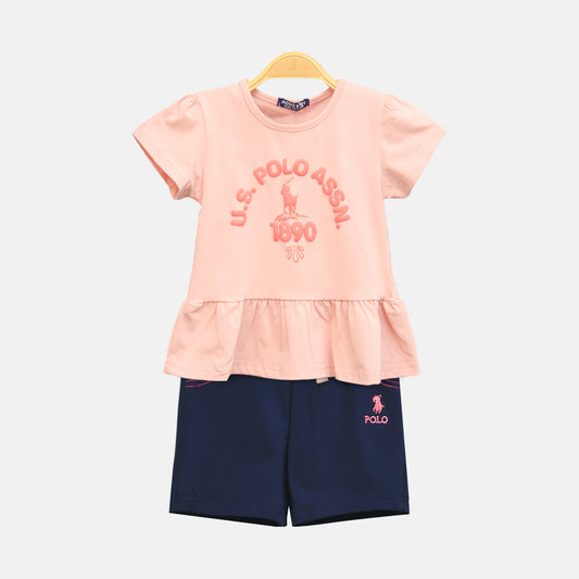 Girl’s Peach Polo Heritage Ruffle Top & Black Shorts Set