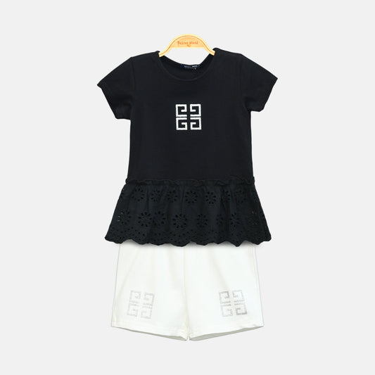 Girl’s Black Eyelet Ruffle Hem Top & White Shorts Set