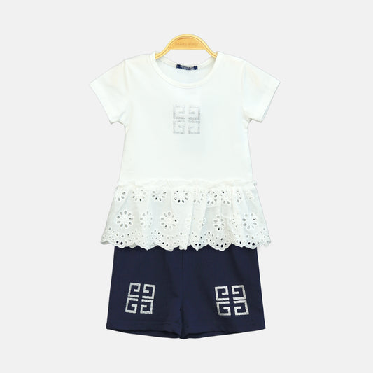 Girl’s White Eyelet Ruffle Hem Top & Grey Shorts Set