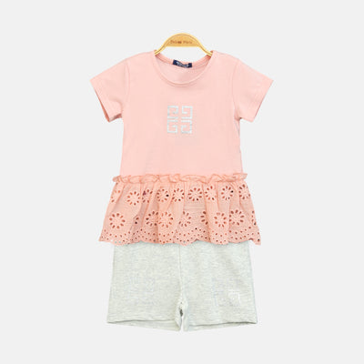Girl’s Peach Eyelet Ruffle Hem Top & Grey Shorts Set
