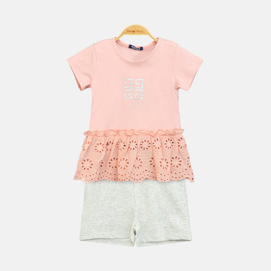 Girl’s Peach Eyelet Ruffle Hem Top & Grey Shorts Set