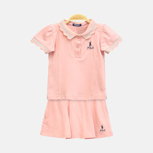 Girl's Peach Scalloped Polo Shirt and Skirt Set