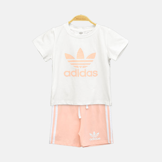 Girl’s White Sporty Trefoil Tee & Peach Striped Shorts Set