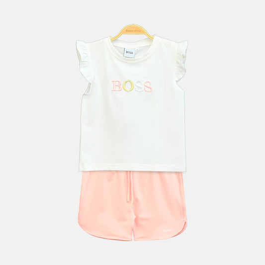 Girl's Off-White "BOSS" Ruffle Tee with Peach Shorts