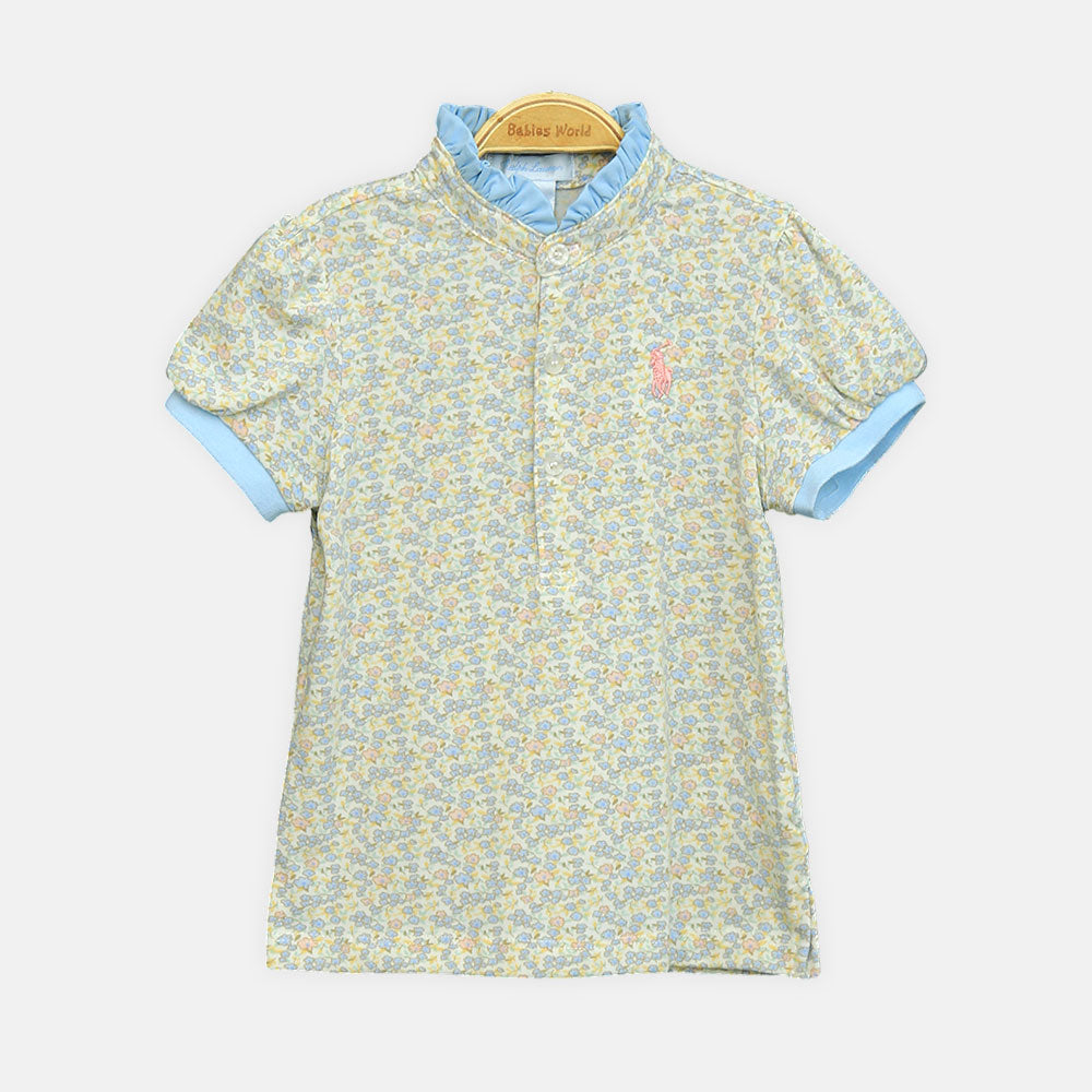 Girls Blue Leopard Collar Tee