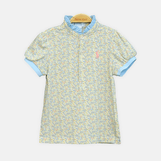 Girls Blue Leopard Collar Tee