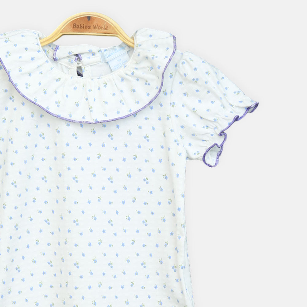 Girls White Blue-Printed Tee