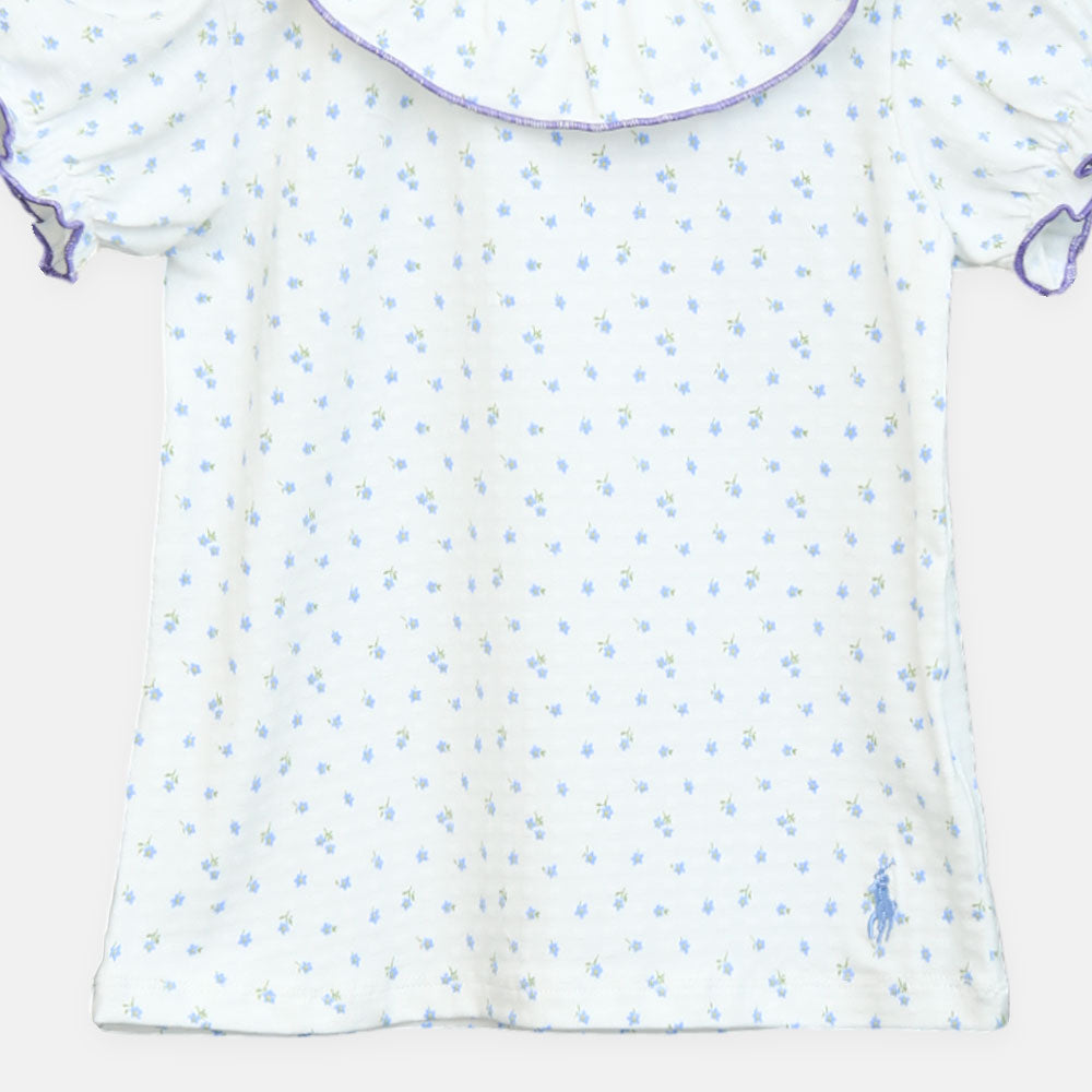 Girls White Blue-Printed Tee