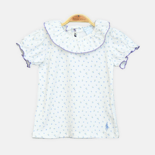 Girls White Blue-Printed Tee
