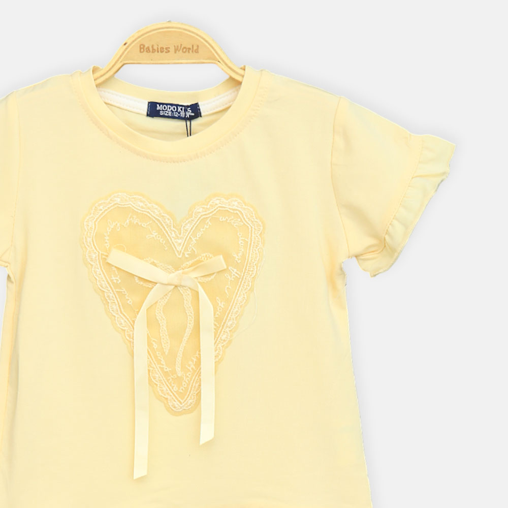 Girls Pale Yellow Heart Lace Tee