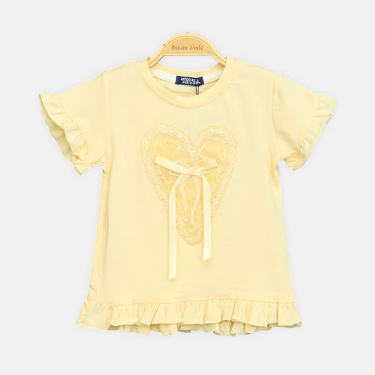 Girls Pale Yellow Heart Lace Tee