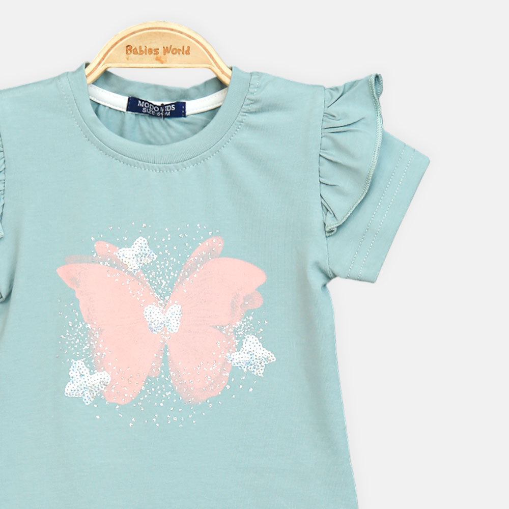 Girls Sage Green Butterfly Flutter-Sleeve Tee