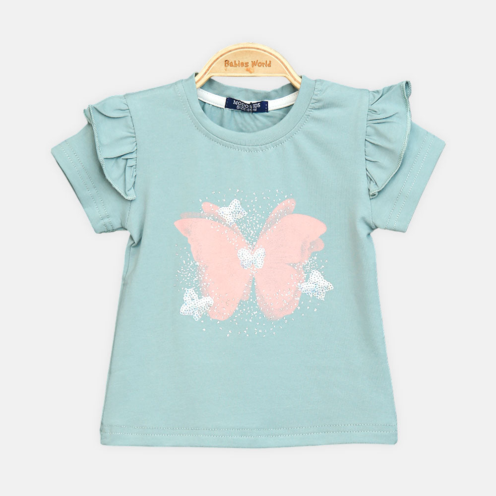 Girls Sage Green Butterfly Flutter-Sleeve Tee