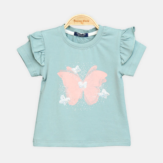 Girls Sage Green Butterfly Flutter-Sleeve Tee