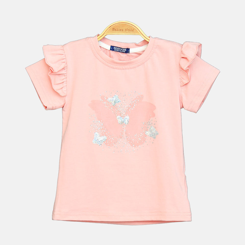 Girls Peach Butterfly Flutter-Sleeve Tee