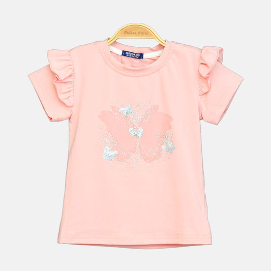 Girls Peach Butterfly Flutter-Sleeve Tee
