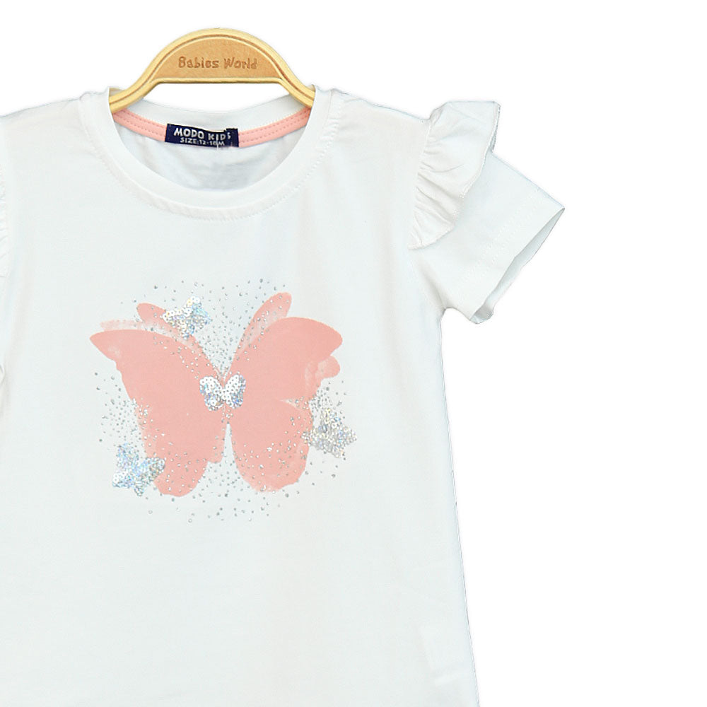 Girls White Butterfly Flutter-Sleeve Tee