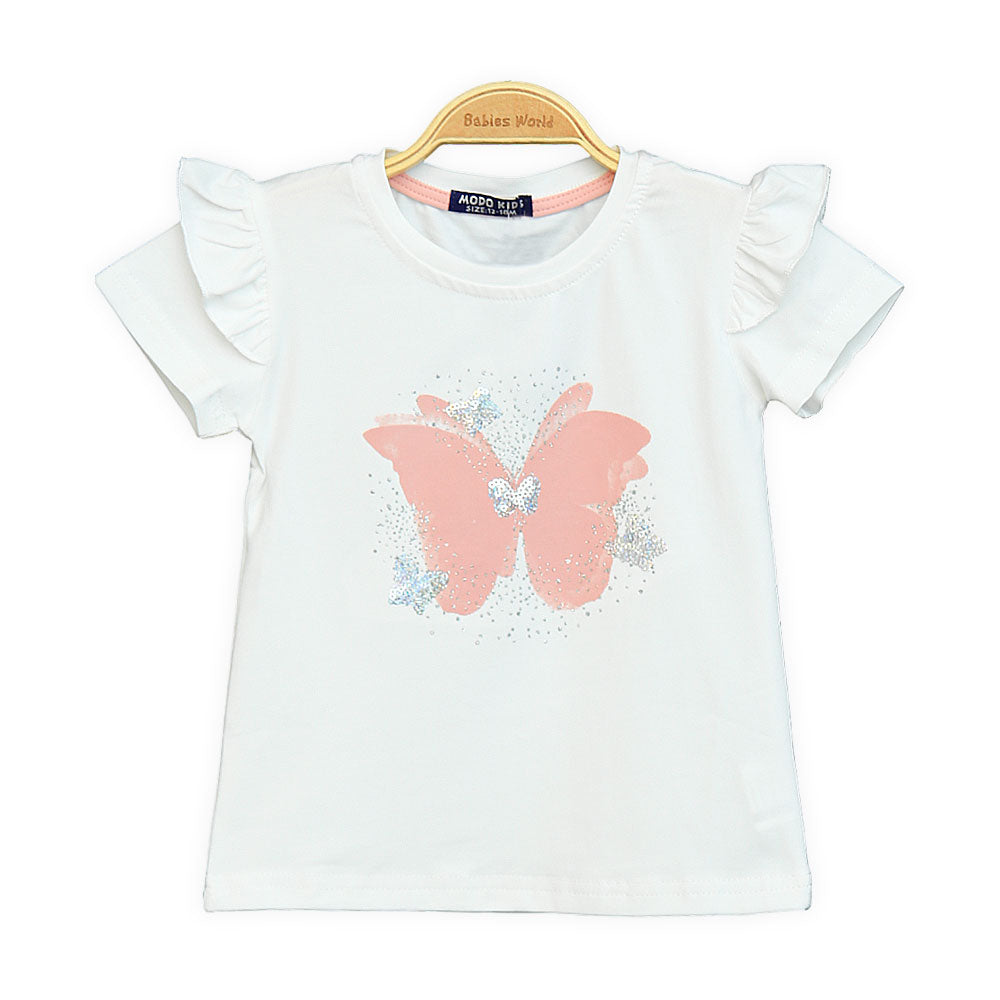 Girls White Butterfly Flutter-Sleeve Tee