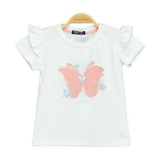 Girls White Butterfly Flutter-Sleeve Tee