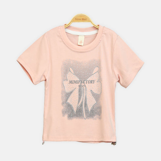 Girls Peach Mimifactory Studded Bow Tee