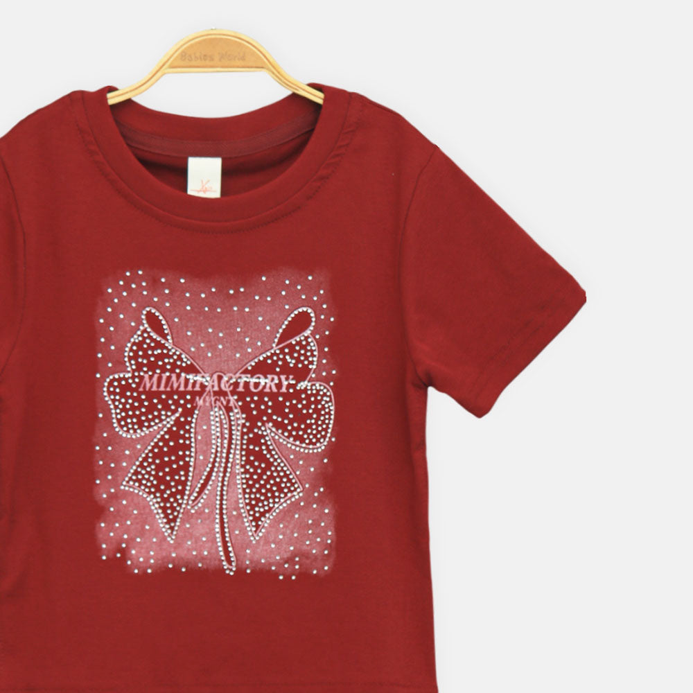 Girls Maroon Mimifactory Studded Bow Tee