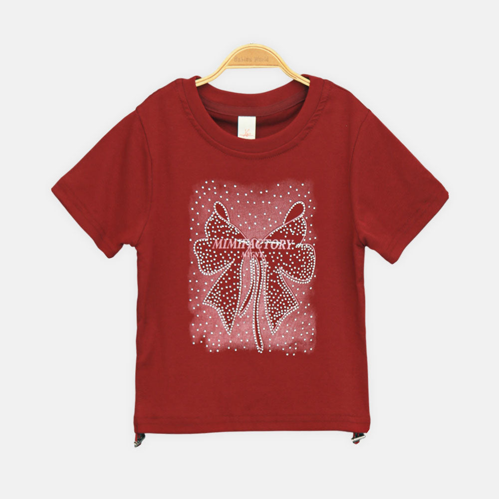 Girls Maroon Mimifactory Studded Bow Tee