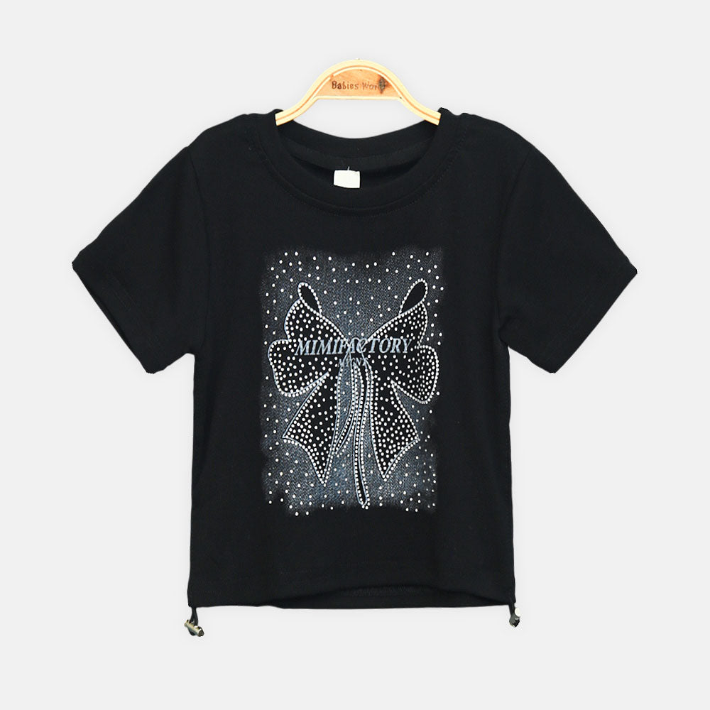 Girls Black Mimifactory Studded Bow Tee