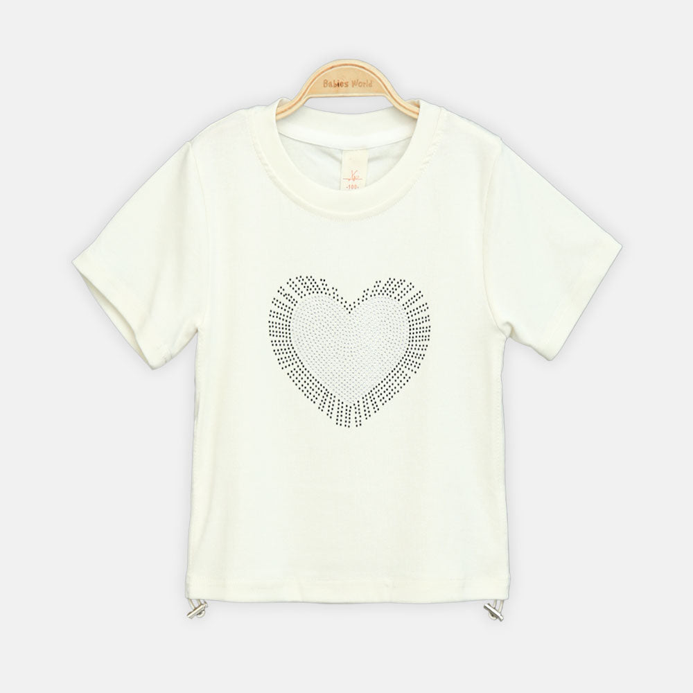 Girls Cream Rhinestone Burst Heart Tee