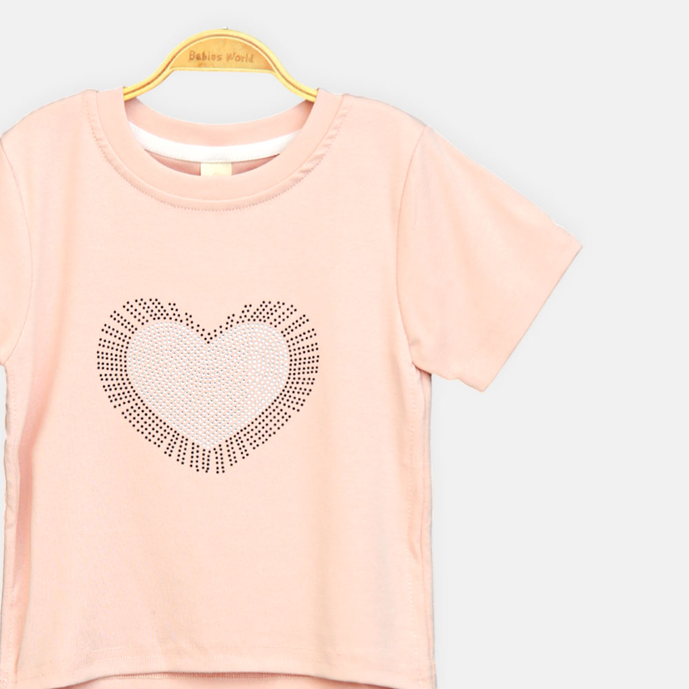 Girls Peach Rhinestone Burst Heart Tee