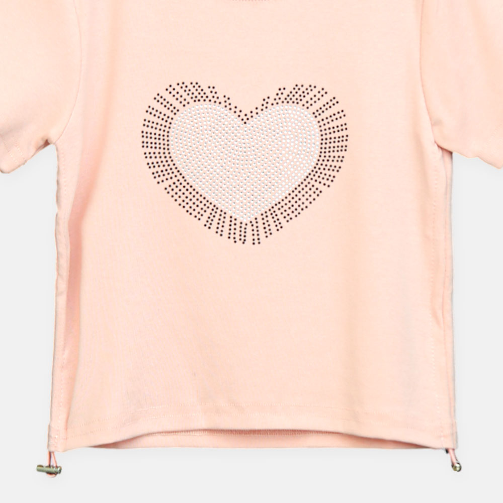 Girls Peach Rhinestone Burst Heart Tee