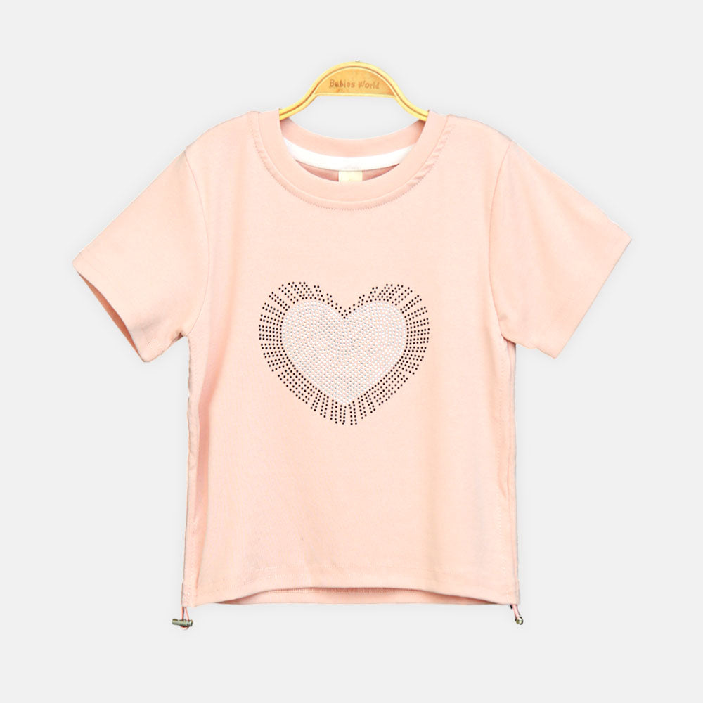 Girls Peach Rhinestone Burst Heart Tee