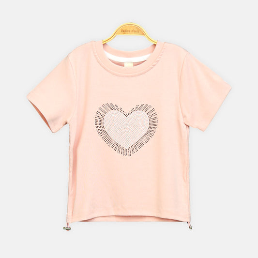 Girls Peach Rhinestone Burst Heart Tee