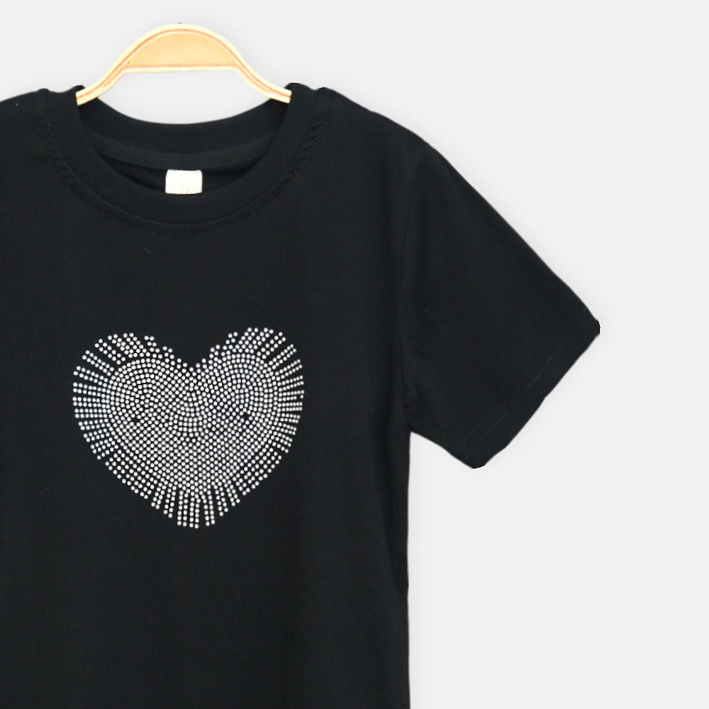 Girls Black Rhinestone Burst Heart Tee
