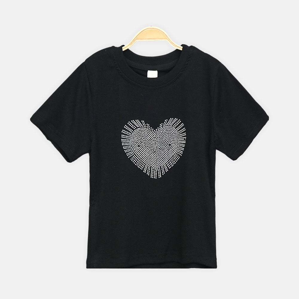 Girls Black Rhinestone Burst Heart Tee