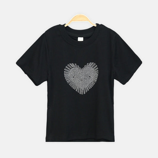 Girls Black Rhinestone Burst Heart Tee