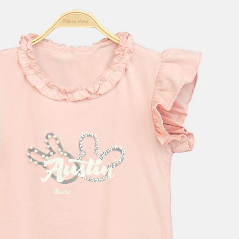 Girls Peach Pearl-Accent Ruffle Tee