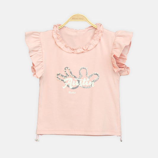 Girls Peach Pearl-Accent Ruffle Tee