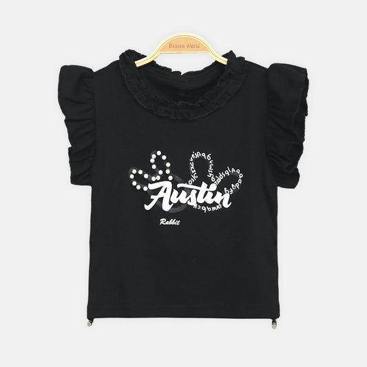 Girls Black Pearl-Accent Ruffle Tee