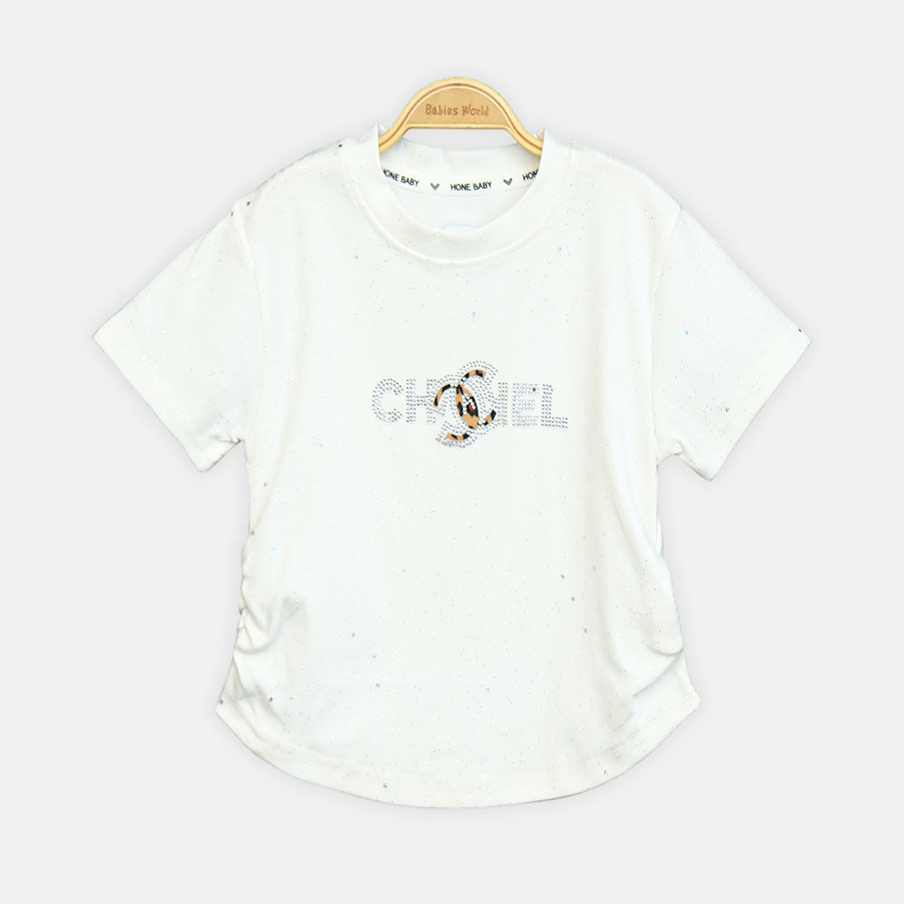Girls Cream Rhinestone Logo Tee